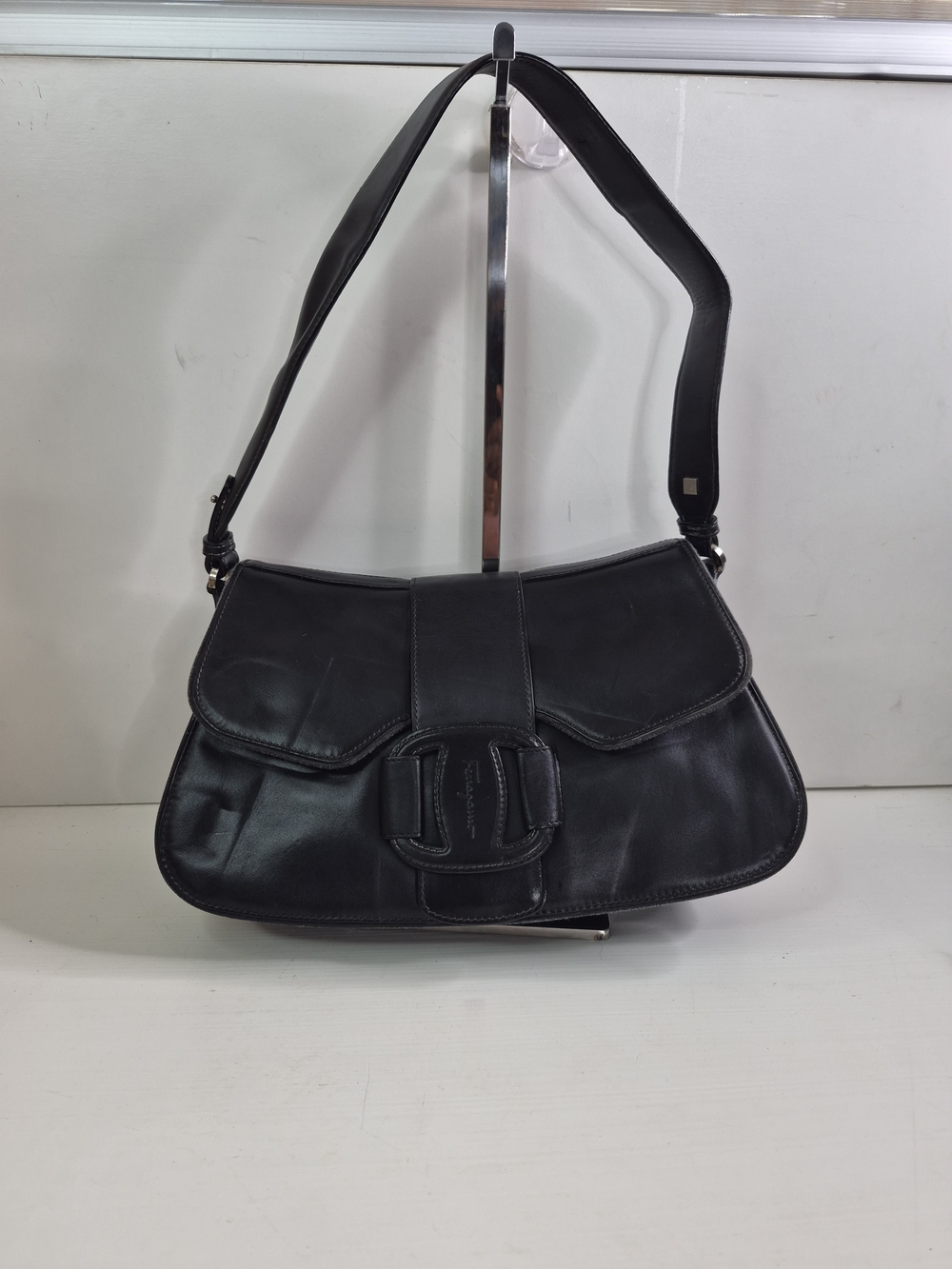 Salvatore Ferragamo Black Leather Shoulder Bag with Signature Buckle